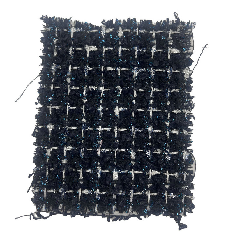 Tissus de luxe en Tweed à carreaux bleu foncé avec mélange métallique bleu, vêtements pour femmes, 23511